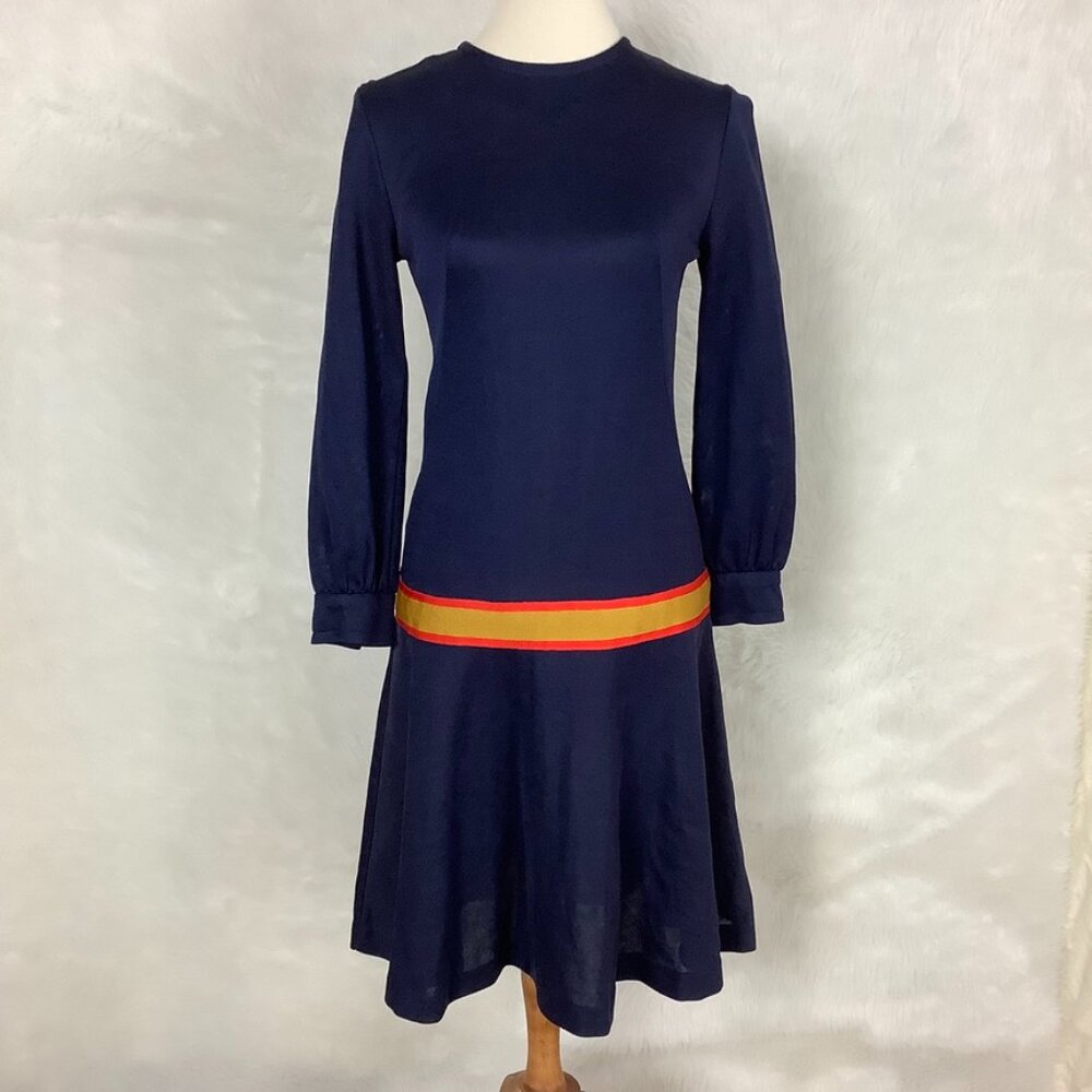 Vintage 60s 70s Navy Blue Mod Yellow & Orange Stripe Drop Waist Dress S